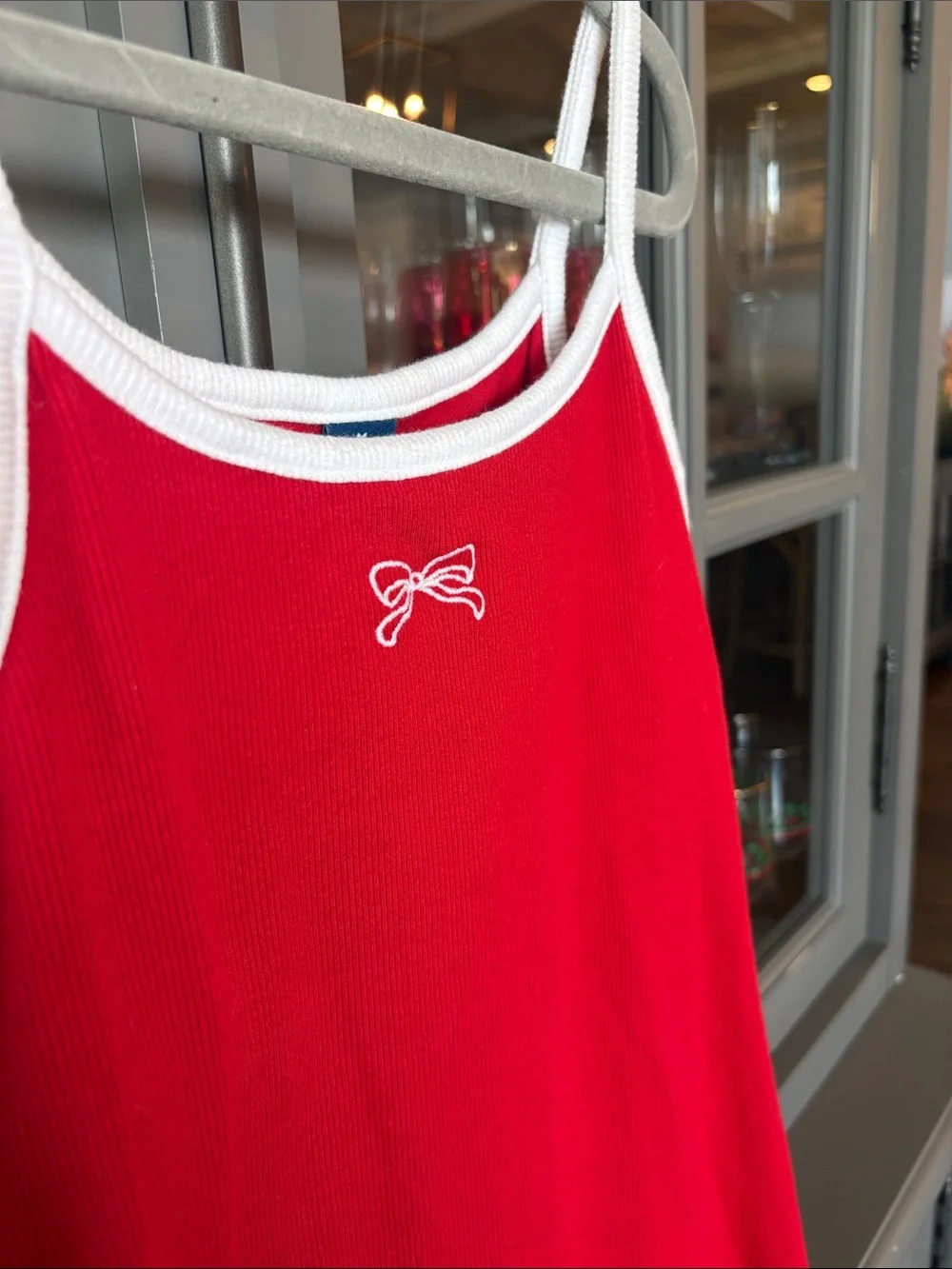 Girls Red Tank Athletic Swing Dress with White Trim, bow and bra